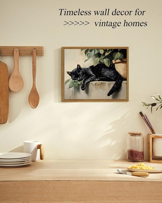 ARPEOTCY Vintage Framed Canvas Wall Art, Sleeping Black Cat Wall Decor, Cute Animal Prints Rustic Aesthetic Home Decor for Living room Bedroom Bathroom 8x10 inch