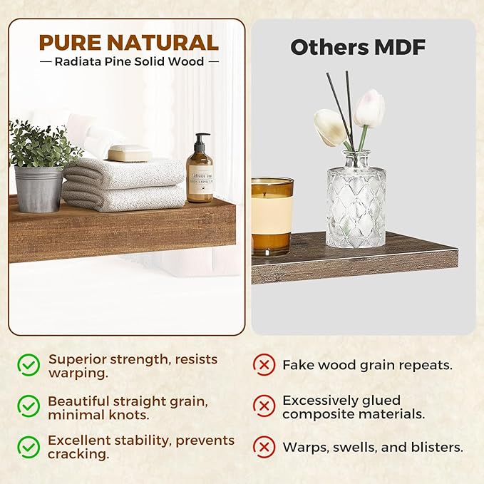 Floating Wall Shelf 16x6.8x1.7 Inch – Solid Wood Shelf in Dark Oak Finish – Wall Mounted Rustic Display Organizer for Bathroom, Kitchen, Bedroom, Small Spaces – Set of 2