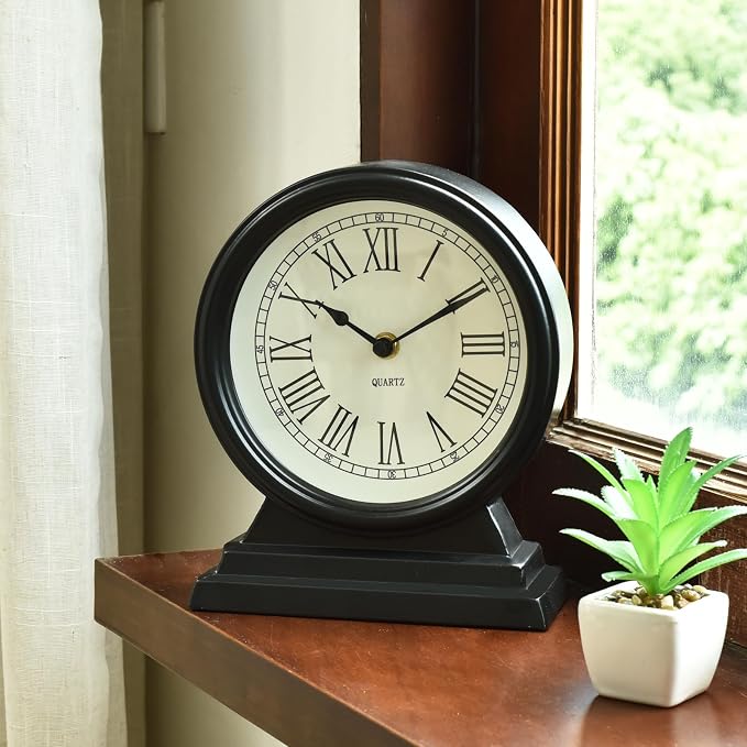 EMAX HOME Black Mantel Clock - Classy Vintage Style Table Clock for Living Room Décor,Silent Non-Ticking Mantel Clocks for Living Room