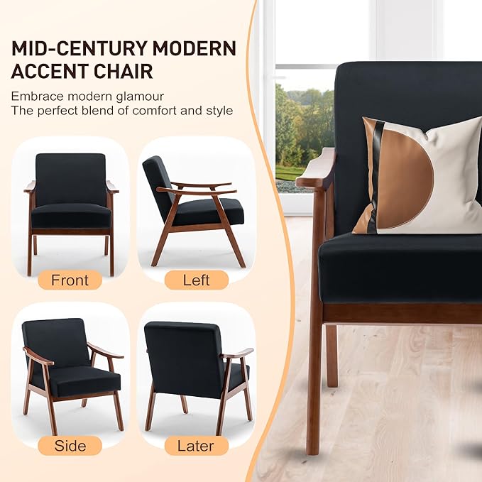 Furnimart Black Velvet Accent Chair, Mid Century Modern Living Room Chair with Wood Frame, Comfy Armchair Wingback Chair for Office Study Vanity Bedroom Waiting Room
