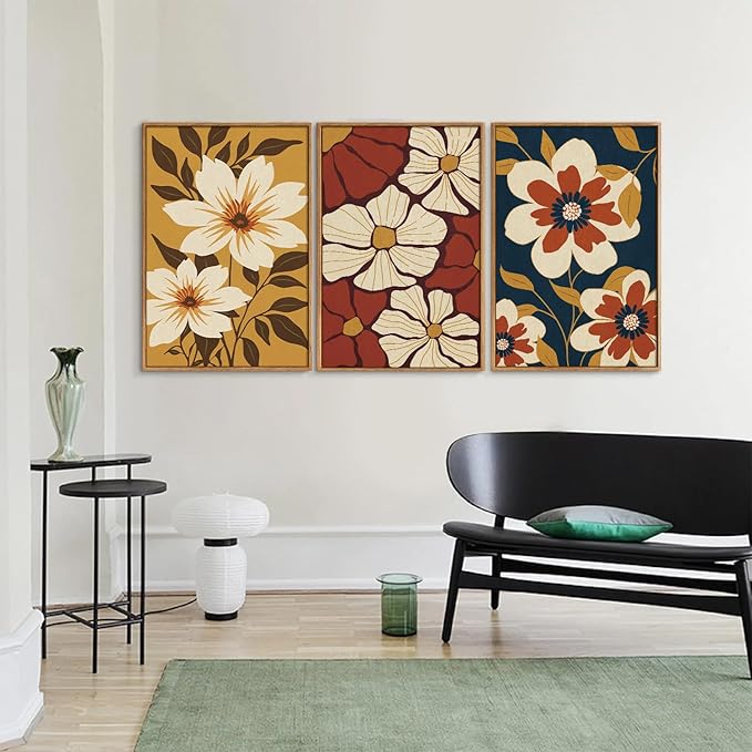 Rantodecor Large Vintage Floral Framed Canvas Wall Art Set, Mid Century Modern Wall Decor, Minimalist Retro Flowers Art Paintings, Beige Neutral Botanical for Bedroom Living Room Office 16"x24"x3