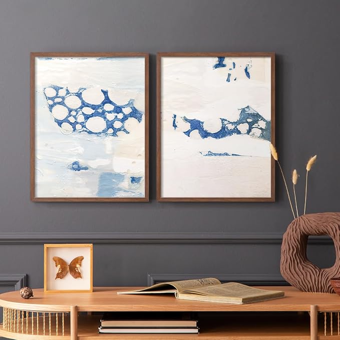 Renditions Gallery Set of 2 Peel & Stick Framed Prints, Textured Abstract Wall Art, White Blue Bubble Like Pattern Wall Decor, Re-Stickable - Ready to Hang - 8"x10" - Walnut Frame LT588