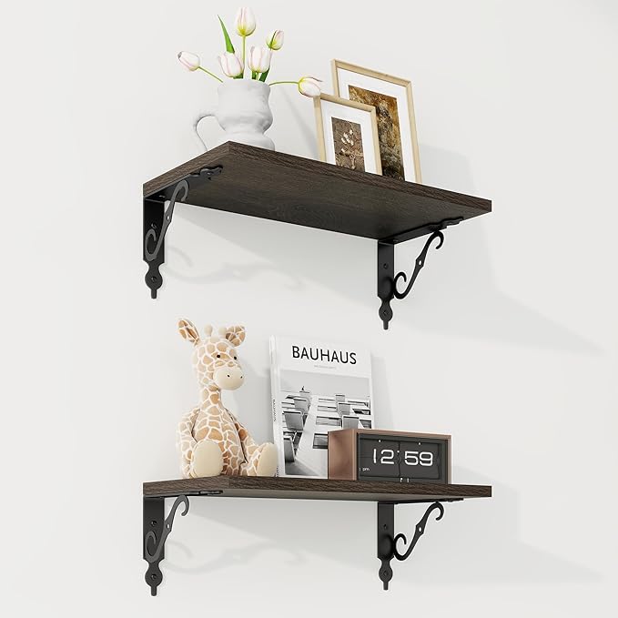 RICHFOCUS Floating Shelves for Wall Decor, 8 Inch Deep Shelves Set of 2, 16W x 8D Floating Shelves Wall Mounted with Metal Brackets, Rustic Wood Shelves for Living Room Bedroom Kitchen, Black