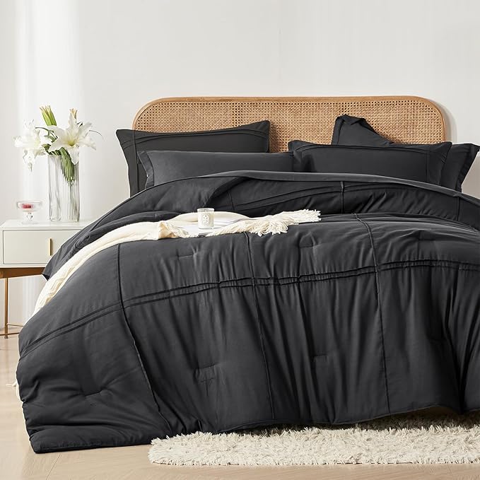 Yogeneg Queen Comforter Set 7 Piece Bed in a Bag,Grid Pinch Pleat Black Bedding Set,Striped Textured Soft Microfiber Comforter with Sheet Set,All Season Complete Bed Set(Black,Queen)