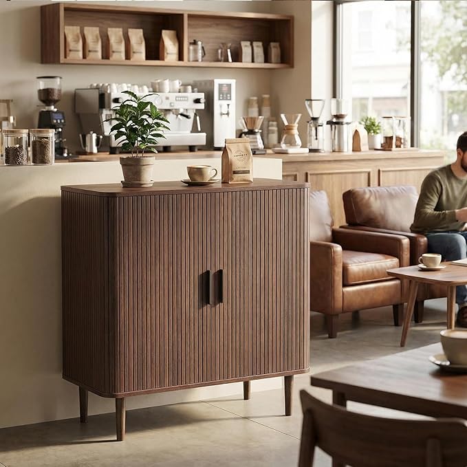 AKMAKM 35" Fluted Accent Buffet Cabinet, Walnut Small Storage Sideboard with Sliding Door, Mid Century Modern Credenza with Solid Wood Leg, Wine Coffee Bar Console Table for Kitchen, Entryway, Living