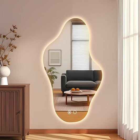 55″x31.5″ Modern Irregular LED Bathroom Mirror with Lights, Asymmetrical Frameless Smart Lighted Wall Mirror for Living Room Entryway, Large Decorative Makeup Vanity Mirror with Touch Switch