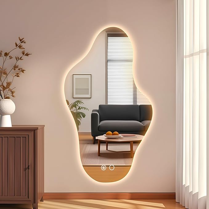 Modern Irregular LED Bathroom Mirror with Lights, Asymmetrical Frameless Smart Lighted Wall Mirror for Living Room Entryway, Large Decorative Makeup Vanity Mirror with Touch Switch(24.8″x43.3″)