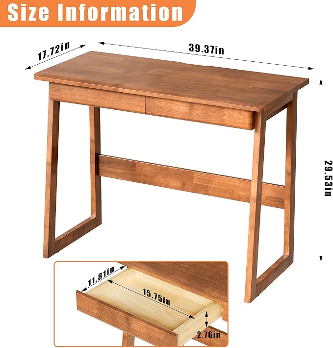Solid Wood Desk with 2 Drawers, Mid Century Modern Home Office Desk, Vintage Writing Desks for Small Spaces, Walnut Color Computer Desk with Drawers for Study Bedroom Living Room 39.4" W
