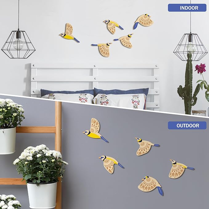 Barydat 5 Pcs Wooden Bird Wall Art Wood Flying Birds Wall Decor Rustic Folk Art Scandinavian Home Decor for Gift Living Room Bedroom Kitchen Office(Blue)