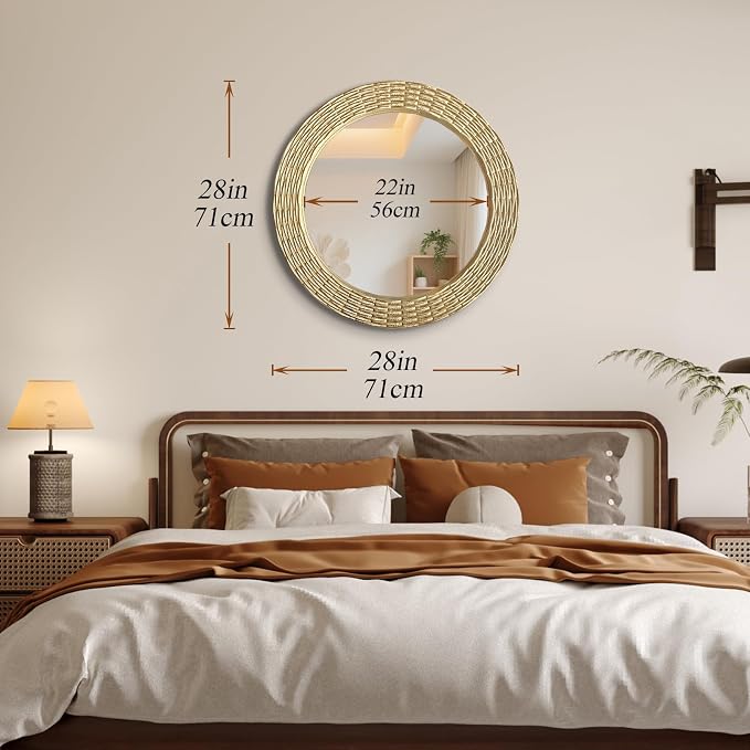 WAMIRRO Gold Round Wood Mirror, 28 Inch Hand Carved Solid Wood Frame Circle Mirror for Wall Mount, Farmhouse Boho Decor for Living Room, Bathroom, Bedroom, Hallway & Entryway
