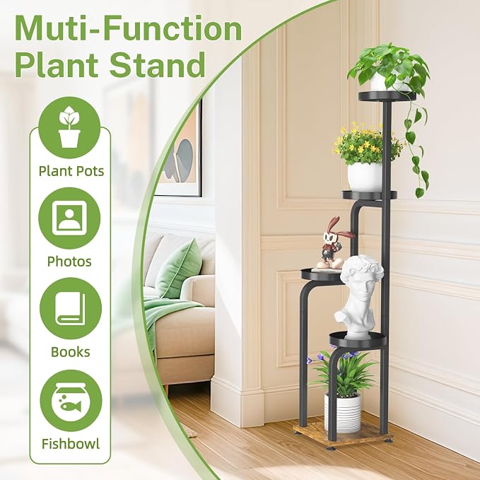 iDavosic.ly Tall Plant Stand Indoor, 4 Tier Corner Multiple Flower Holder Shelf with Metal Trays, Space Saving Display Rack for Living Room Balcony Patio Porch Outdoor | Black & Brown