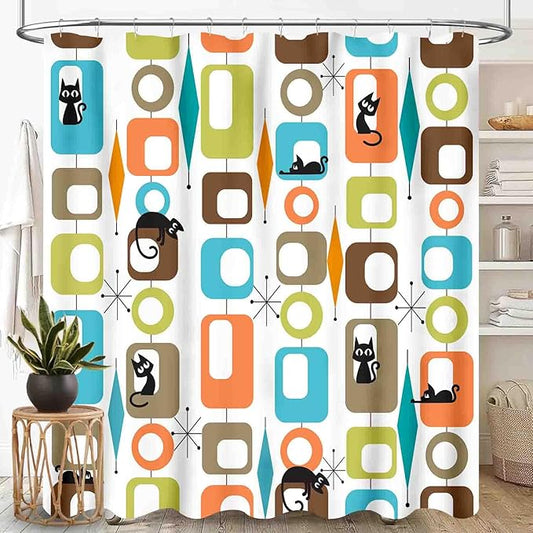 Mid Century Modern Shower Curtain, Retro Geometric Atomic Abstract Cat Pattern Middle Century 1950s 1960s Orange Waterproof Fabric Bathroom Shower Curtain Set with Hooks, 72"x72" Inch