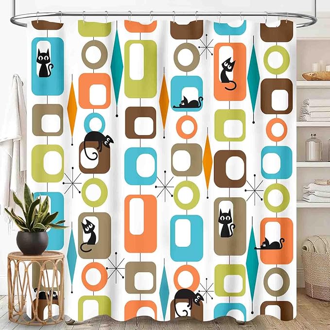 Mid Century Modern Shower Curtain, Retro Geometric Atomic Abstract Cat Pattern Middle Century 1950s 1960s Orange Waterproof Fabric Bathroom Shower Curtain Set with Hooks, 72"x78" Inch