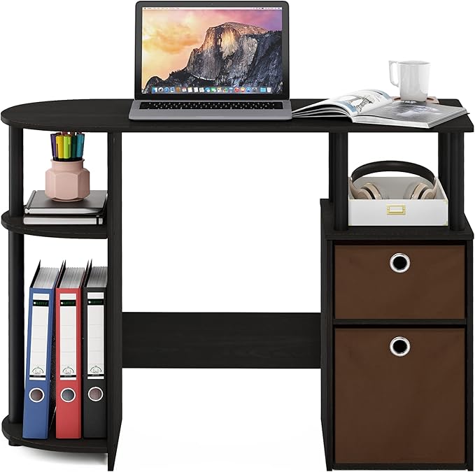 Furinno JAYA Desk, 38.4" Wide Gaming Desk with Bin Drawers, Computer Desk with Side Shelf, Office Desk for Study, Home Office, Bedroom, Dorm, Study Room, Espresso