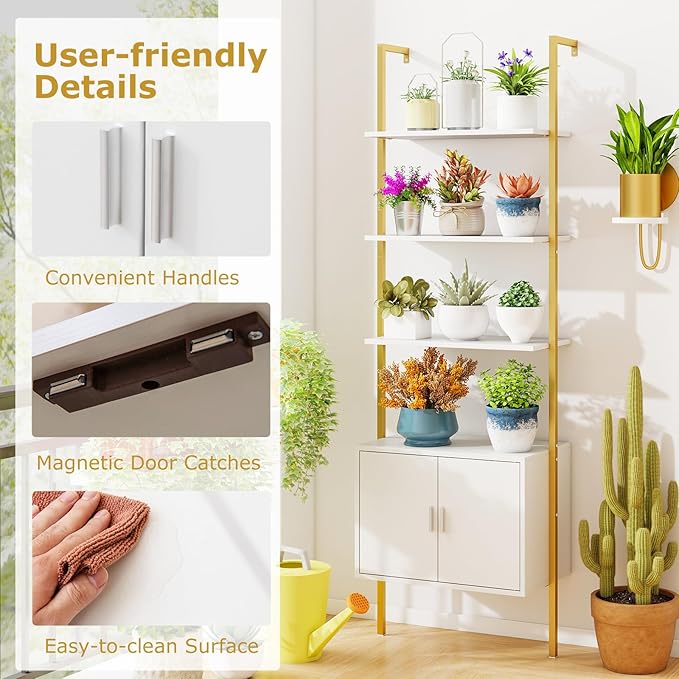 Giantex 5-Tier Wall-Mounted Ladder Shelves Set of 2, 72.5" Tall Bookshelf w/ 2-Door Cabinet, Modern Style Kitchen Open Shelving Organizer, Heavy-Duty Metal Frame Display Rack for Living Room