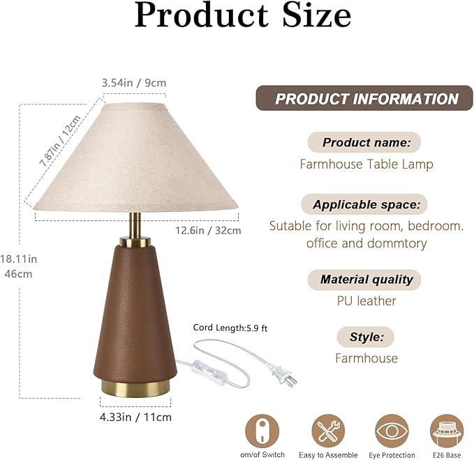 18.11 Inch Brown Table Lamp Set of 2, Farmhouse Table Lamps with Beige Fabric Shade, PU Leather for Kitchen Counter, Bedroom, Nightstand, Desk Lighting, Bookshelf, Living Room, Kids Dorm