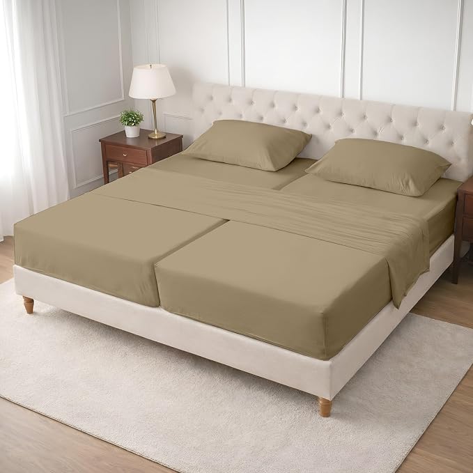 SGI Split King Sheet Set for Adjustable Bed Egyptian Premium Cotton 600 Thread Count Sheets for Sleep Number Bed 15" Deep Pocket 5 Pc Set with 2 Twin XL Fitted Sheets Soft Breathable -Taupe