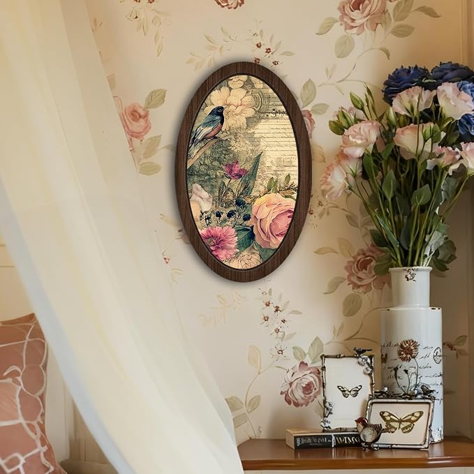 UYIKG Vintage Oval Framed Wall Art Decor,Vintage Rustic Farmhouse Bird Floral Cottage Core Wall Decor for Theme Room Home Bedroom Living Room Home Office 9x14.6 in