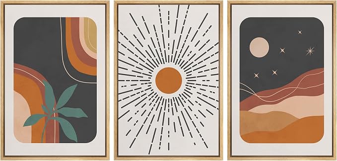 wall26 Framed Canvas Print Wall Art Set Boho Mid-Century Colorful Sun Moon Landscapes Nature Abstract Illustrations Modern Art Bohemian Decorative for Living Room, Bedroom, Office - 16"x24"x3 Natural