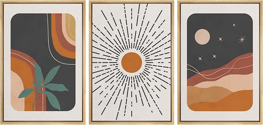 wall26 Framed Canvas Print Wall Art Set Boho Mid-Century Colorful Sun Moon Landscapes Nature Abstract Illustrations Modern Art Bohemian Decorative for Living Room, Bedroom, Office - 24"x36"x3 Natural