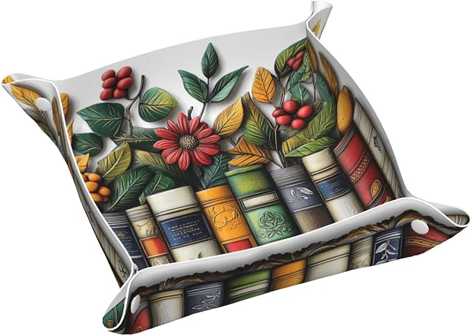 Retro Wooden Row Of Colorful Books Valet Tray Leather Portable Tray Desktop Storage Organizer Bedside For Men Women Jewelry Keys Coin Candy Sundries