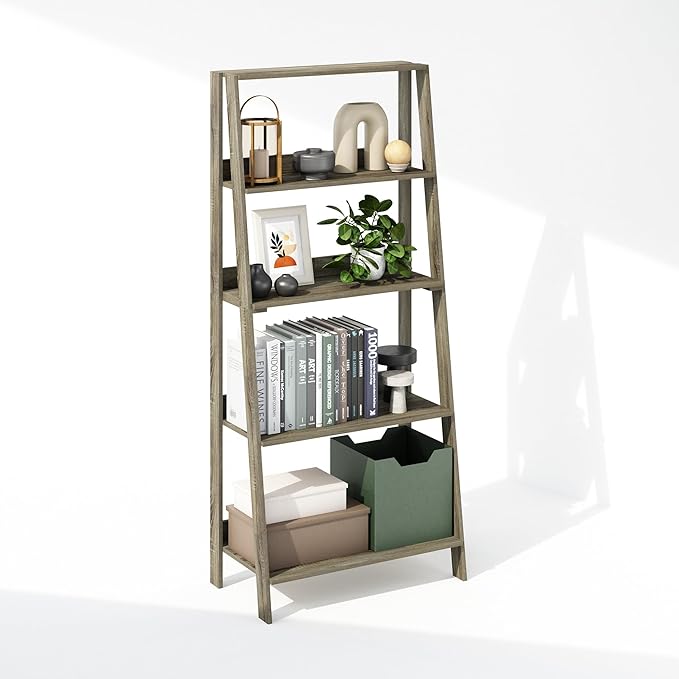 Furinno Ladder Display Shelf, 5-Tier Ladder Shelf, Standing Bookshelf, Display Storage Shelves, 13 x 23.6 x 53.5, for Living Room, Home Office, French Oak