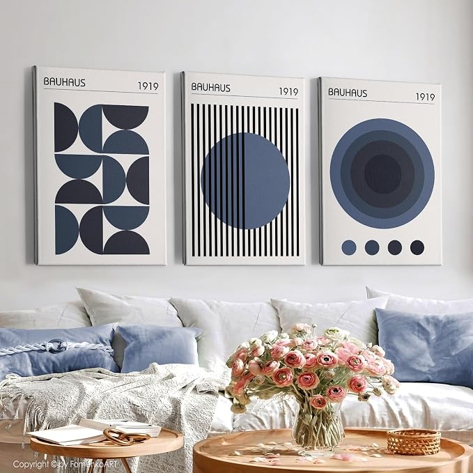 Minimalist Geometric Wall Art Bauhaus Exhibition Poster Abstract Shape Prints Mid Century Modern Artwork Boho Modern Pictures Abstract Geometric Painting Blue Bauhaus Poster 16x24inch Wood Framed