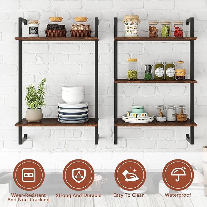 Anwick 3 Tier and 2 Tier Wood Wall Mounted Bookshelf with Metal Frame Wood Hanging Storage Bookcase, Open Storage Rack for Living Room, Home, Office, Bathroom, Bedroom and Plant Flower (black1)