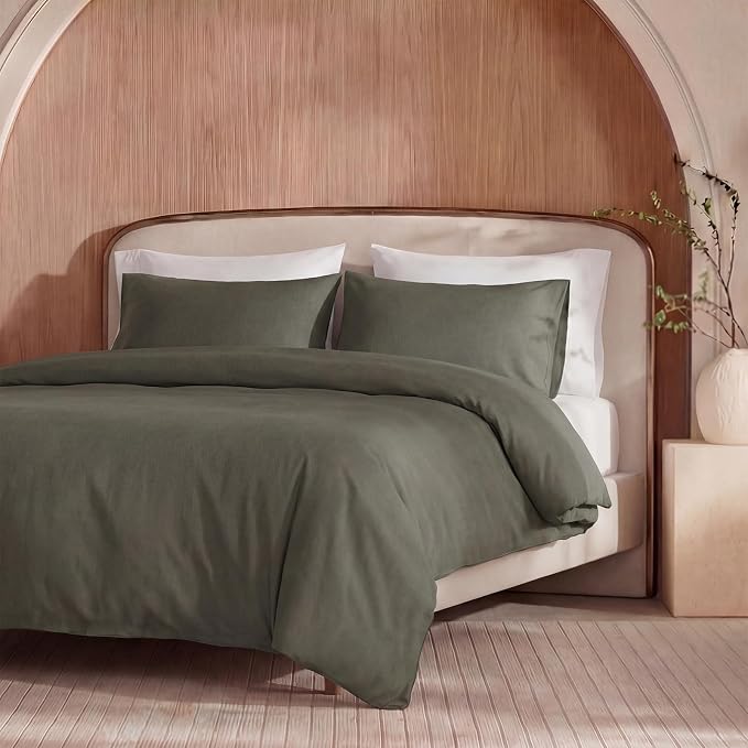 100% Washed Cotton Duvet Cover King Size – Olive Green, Linen-Like Texture, Super Soft & Breathable Bedding Set, 3-Piece Durable Percale Comforter Cover