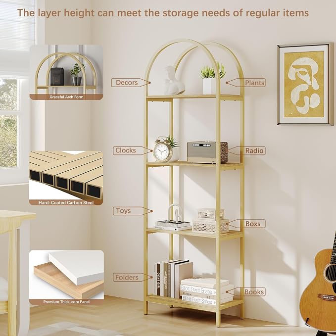 Bookshelf Arched Bookcase, Industrial 4-Tier Open Shelves with Metal Frame, 72" Tall Freestanding Storage Display Rack for Home Office, Living Room, Gold & Nature Wood, Easy Assembly