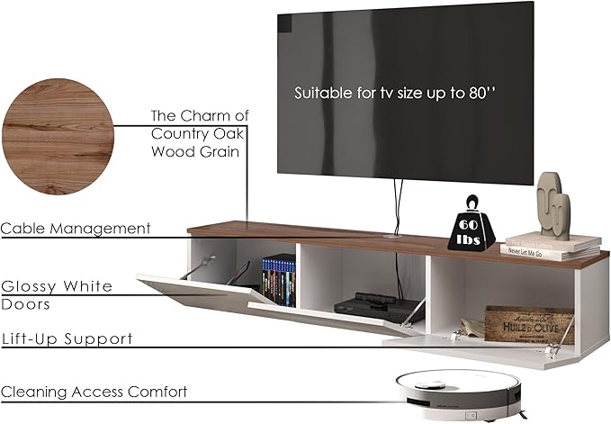 Floating TV Stand Glossy White for 65-80 Inch TV, 63" Wall Mounted TV Stand with Storage, White and Wood Floating Entertainment Center with Cable Management, Floating Media Console for Living Room