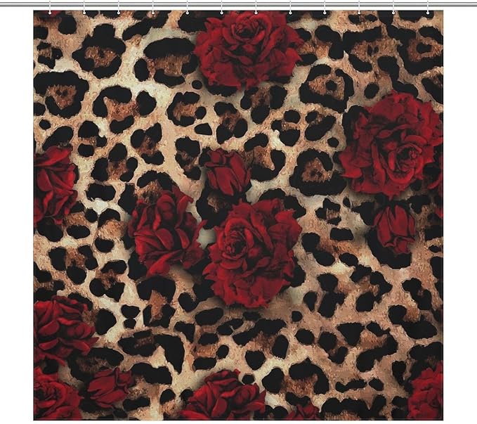 Leopard Rose Flower Shower Curtain Brown Wild Animal Skin Print Cute Red Rose Floral Valentine's Day Creative Modern Art Waterproof Shower Curtains for Bathroom Decor 12 Pack Hooks 72x72in (183x183cm)