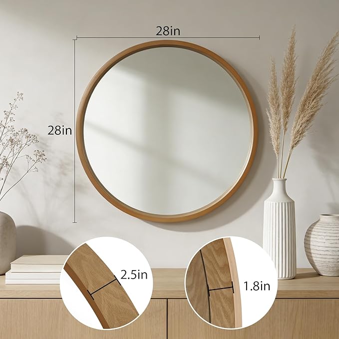 WallBeyond 28 Inch Natural Round Wood Mirror, Large Circle Wooden Frame Wall Mirror for Bathroom, Living Room, Bedroom, Entryway