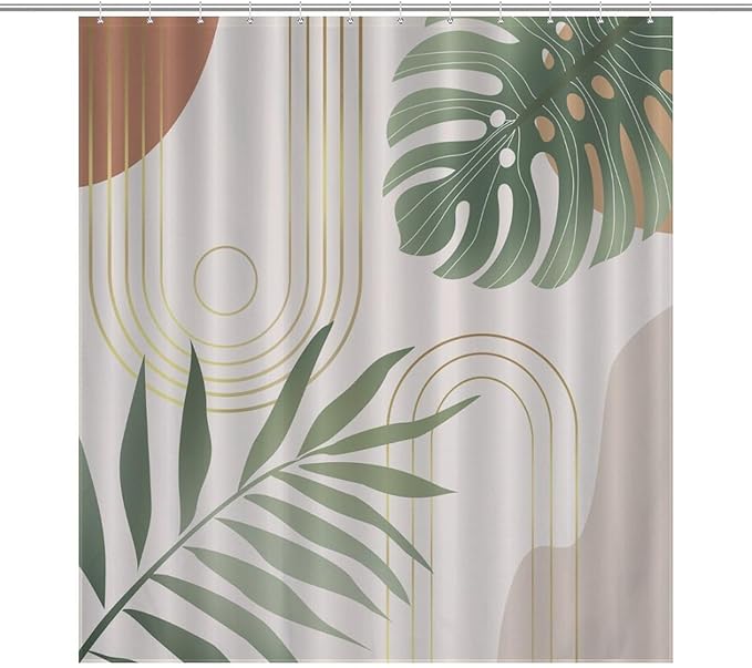 Boho Mid Century Shower Curtain,Modern Abstract Plant Botanical Palm Leaf Minimalist Bathroom Curtain Polyester Waterproof Fabric Decor 66x72in（168x183cm）
