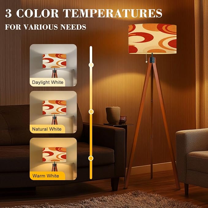 Wood Tripod Floor Lamp Wavy Swirl Psychedelic Groovy 70s 1970s Style Mid Century Orange Retro Mid Century Standing Lamp Linen Shade Dimmable Modern Tall lamp Home Decor for Living Room Bedroom Office