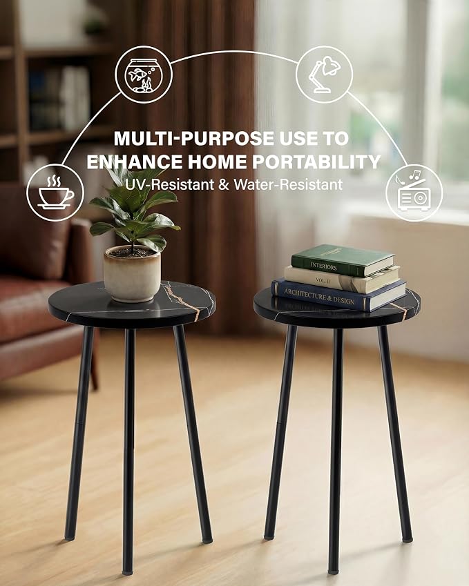 Plant Stand Indoor 2 Pack: Corner Wood 20 Inch Plant Stand Mid Century Modern Decor - Small Round Plant Table for Indoor Plants - Plant Holder for Patio Living Room Bathroom Office (Black Marble)