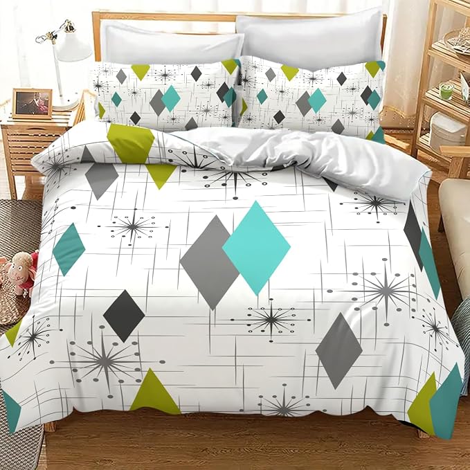 Mid Century Bedding Set,Retro Starbursts Abstract Green Grey Geometric Minimalist 1950s 60s Pattern Comforter Set with Pillowcase for Bedroom Bed Decor，Twin 86"x70"