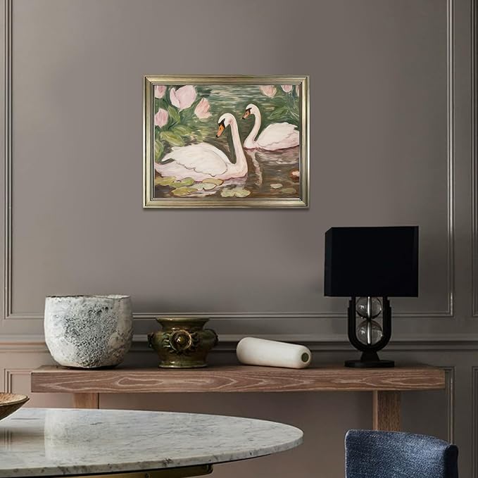 Vintage Framed Swan Wall Art Pink and Green Girls Room Decor Girly Office Canvas Print Painting Home Artwork