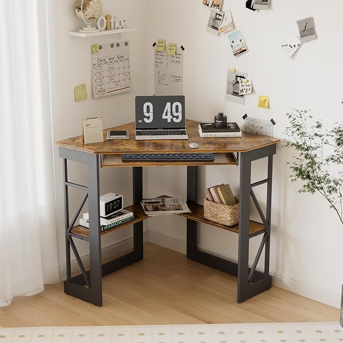 VECELO Corner Computer Desk 41 x 30 inches with Smooth Keyboard & Storage Shelves for Home Office Workstation, Antique Brown