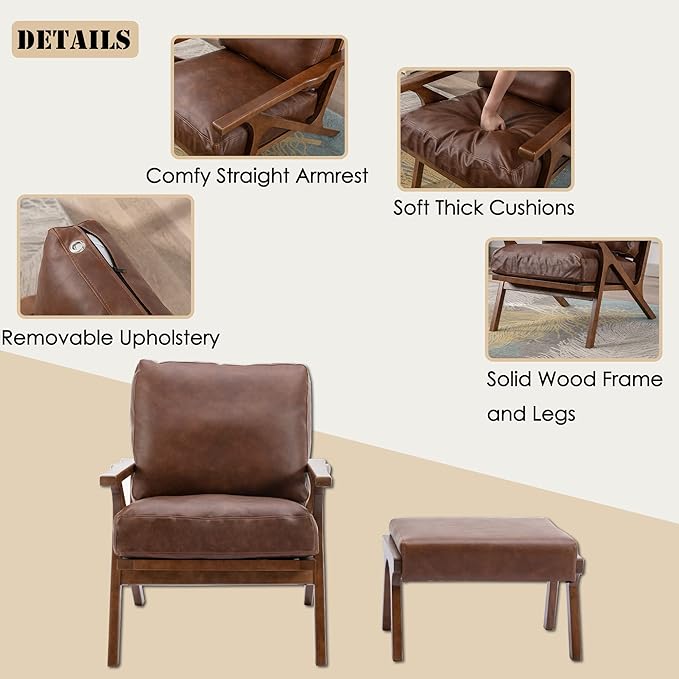 chairus Mid-Century Modern Brown Faux Leather Accent Chair with Ottoman, Comfy Upholstered Lounge Armchair with Removable Cushion & Solid Wood Frame, Retro Reading Chair for Living Room Bedroom Office