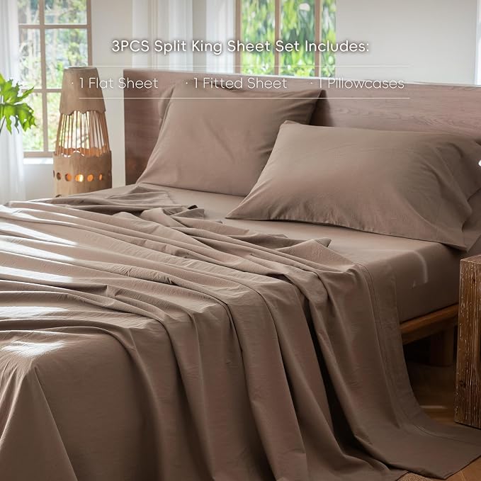 MooMee Bedding Sheet Set 100% Washed Cotton Linen Like Textured Breathable Durable Soft Comfy (Solid Brown, Twin)
