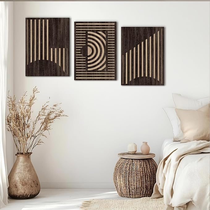 Abstract Geometric Wall Art Vintage Rectangle Wood Grain Effect Prints Pictures Wall Decor 3 Pcs, Rustic Mid Century Brown Minimalist Geometric Paintings Artwork for Home Bedroom Living Room 12x16"