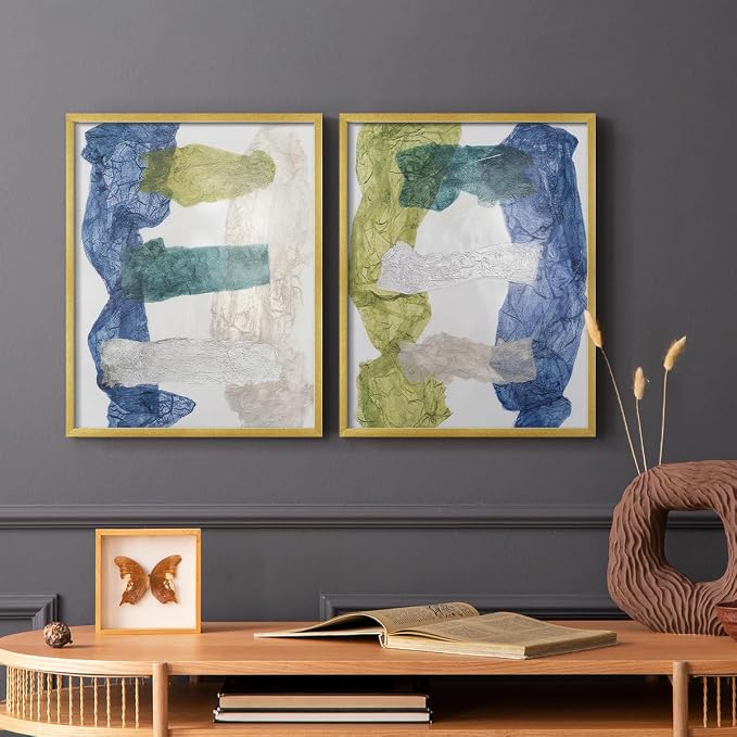 Renditions Gallery Set of 2 Peel & Stick Framed Prints, Elegant Abstract Wall Art, Dyed Cloth Texture Wall Decor, Re-Stickable - Ready to Hang - 16"x20" - GOLD Frame LT588