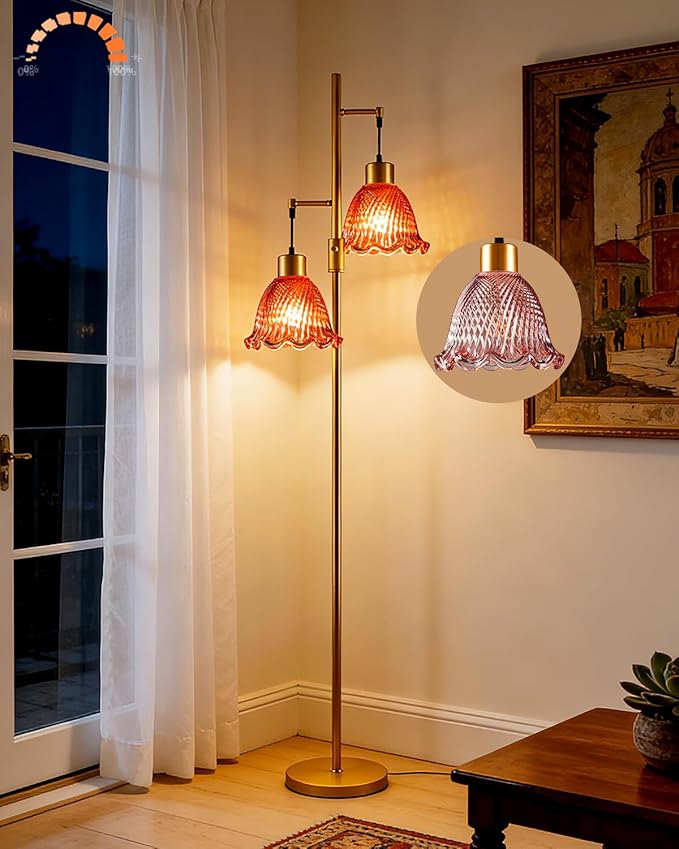 2-Light Modern Glass Floor Lamp, Gold Tall Standing Lamp with Deep Red Bell Glass Shade for Reading, Dimmable LED Floor Lamp with 5Lbs Heavy Base for Living Room Bedroom Home Decor, Bulb Included