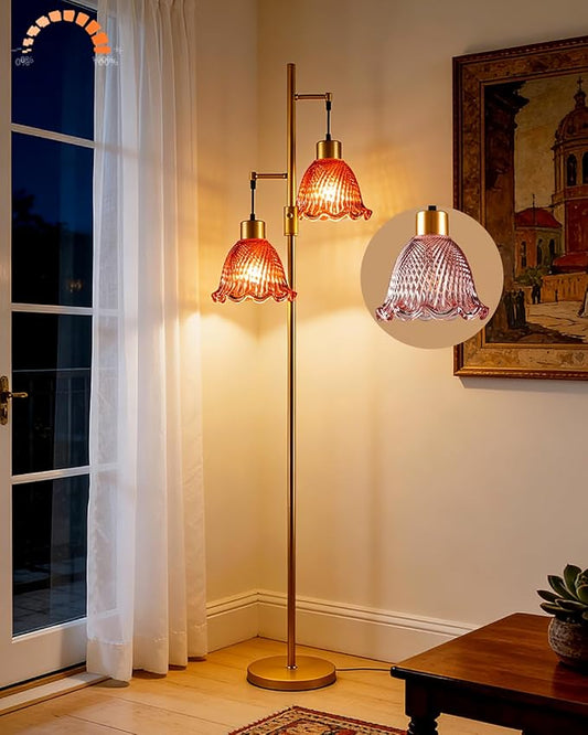 2-Light Modern Glass Floor Lamp, Gold Tall Standing Lamp with Deep Red Bell Glass Shade for Reading, Dimmable LED Floor Lamp with 5Lbs Heavy Base for Living Room Bedroom Home Decor, Bulb Included