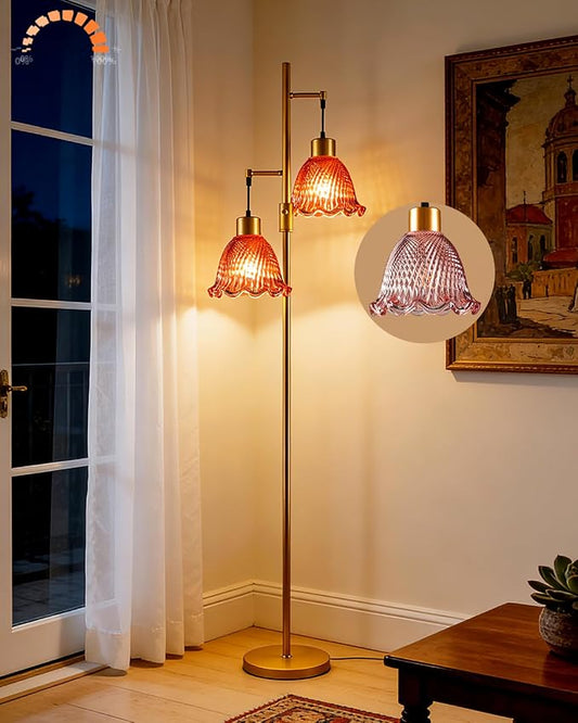 Lightdot 65IN Gold Flower Floor Lamp for Living Room, 2- Light Dimmable Floor Lamps with Deep Red Glass Lampshade,3000K Warm White Modern Standing Tall Lamp with 5Lbs Heavy Base for Bedroom Sofa