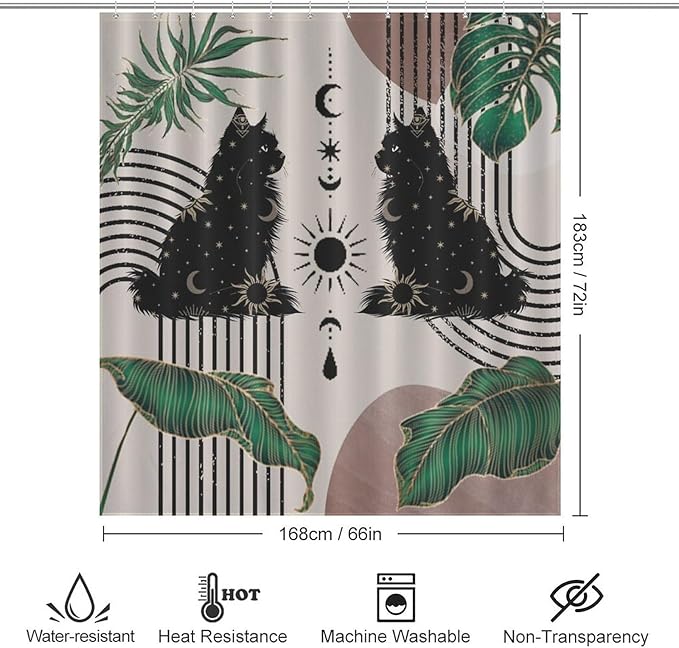 Boho Mid Century Cat Shower Curtain Retro Moon Star Leaves Black Cat Geometric 70s Vintage Waterproof Shower Curtains for Bathroom Decor 12 Pack Hooks 66x72in（168x183cm）