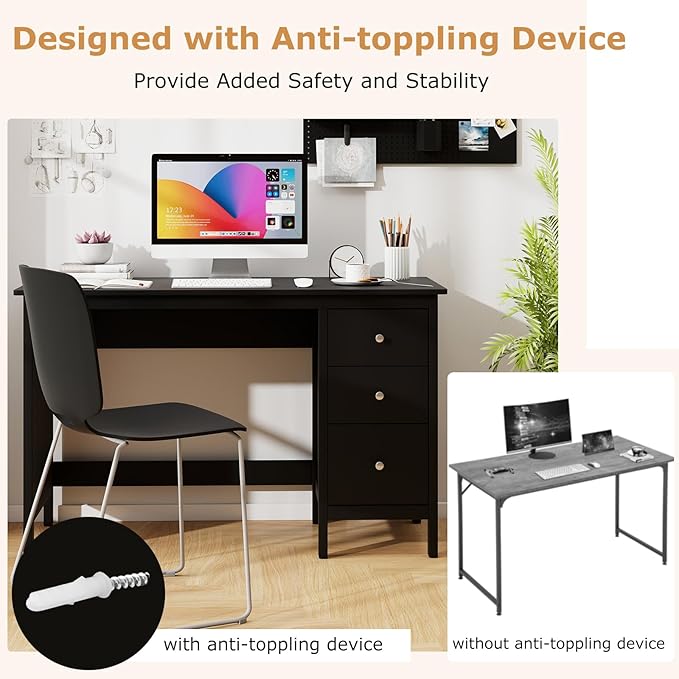 Tangkula Black Desk with Drawers, Modern Home Office Computer Desk with Storage Drawers & Spacious Desktop, Compact Writing Study Desk Laptop Desk for Bedroom, Multipurpose Computer Workstation