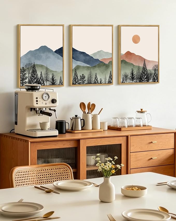 KUVIOKE Mountain Landscape Framed Wall Art Watercolor Nature Painting Boho Sun Rise Prints Farmhouse Rustic Room Decor Ready to Hang 12x16in (Natural Framed)