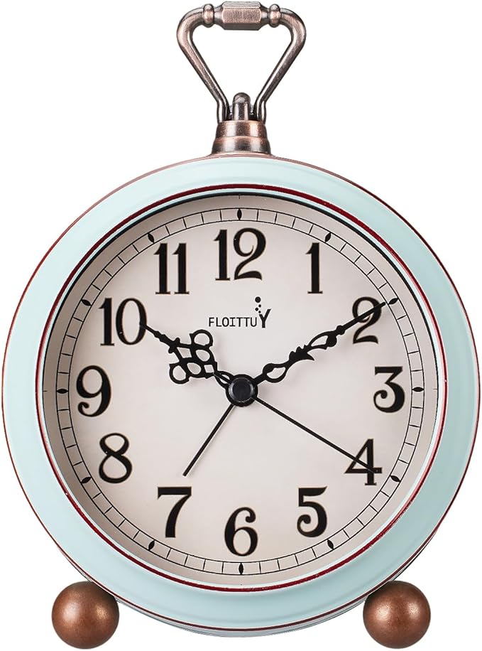 FLOITTUY 4.5" Battery Operated Antique Retro Analog Metal Alarm Clock, Silent Bedside Desk Clock, Wall-Hanging Vintage Clock(Vintage Green)